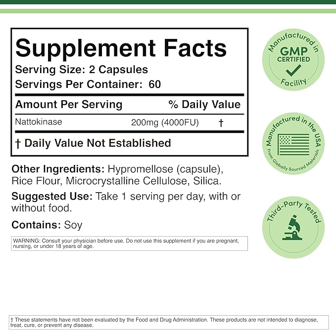 Nattokinase Supplement 4,000 FU Servings, 120 Capsules (Derived from Japanese Natto) Systemic Enzymes for Cardiovascular and Circulatory Support by Double Wood