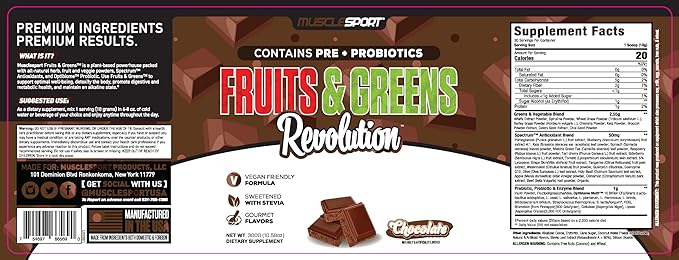 Musclesport Fruits & Greens - Fruit, Vegetable and Antioxidant Supplement, Including Wheat Grass and Spirulina, Added Fiber and Probiotics - 30 Servings (Chocolate)