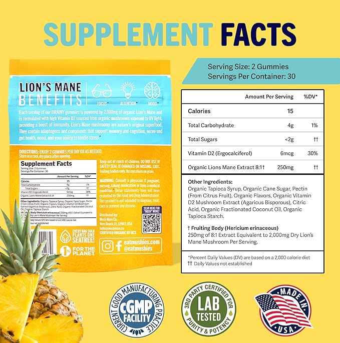Mushie 100% Organic Lion’s Mane Mushroom Gummies - 2000mg (75mg A & B-Glucans) for Brain Health, Focus & Memory - 60 Organic Lions Mane Gummies for Adults & Kids