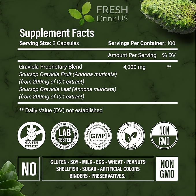 FRESHDRINKUS, Premium 200 Soursop Capsules, 4000mg per Serving, 100 Days Supply – 100% from Natural Soursop Graviola Fruits and Leaves Extract, Vegan Capsules, Non-GMO, Gluten-Free.
