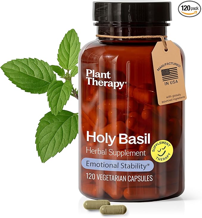 Plant Therapy Holy Basil Capsules Manufactured in USA 4 Month Supply Supports Emotional Stability, Positive Mood, Combats Fatigue & Mental Tension Supplements for Women & Men 120 Vegetarian Capsule