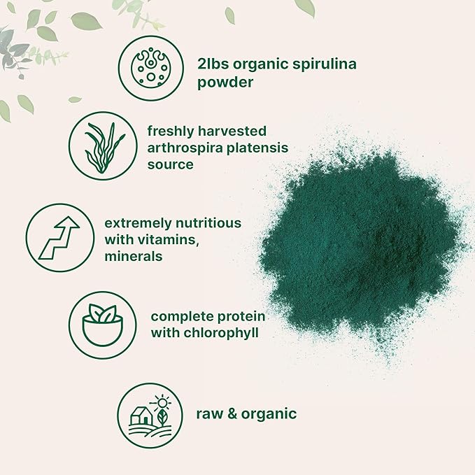 Organic Spirulina Powder, 2lbs | Raw Blue Green Algae | Superfood Rich in Vegan Protein, Antioxidants, Vitamins, & Minerals | Natural Source of Chlorophyll & Enzymes | Non-GMO, Filler Free