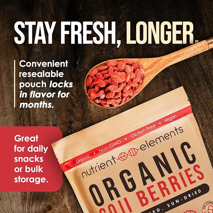 2lbs/32oz Premium Organic, Raw & Dried Goji Berries by Nutrient Elements. USDA Certified. Natural Superfood. Extra Large, Non-GMO Berries with Resealable Bag. Includes Free Recipes E-Book