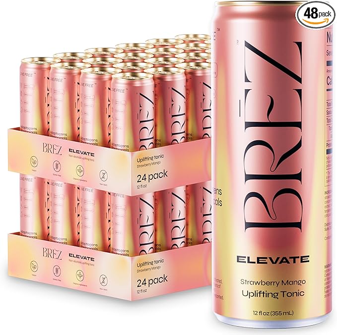 BRĒZ ELEVATE Cordyceps Mushroom Drink, Non-Infused Uplifting Tonic with Cordyceps, Guayusa, Maca & Ginseng, Vegan Adaptogen Drink for Focus, Drive & Mental Clarity, Strawberry Mango, 12 fl oz, 48 Pack