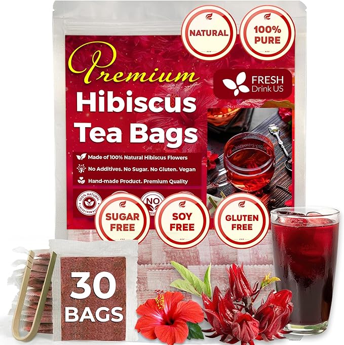 FRESHDRINKUS, Premium 30 Hibiscus Flowers Tea Bags, 100% Natural & Pure from Hibiscus Flowers. Loose Flower Hibiscus Herbal Tea. No Sugar, No Caffeine, No Gluten, Vegan.