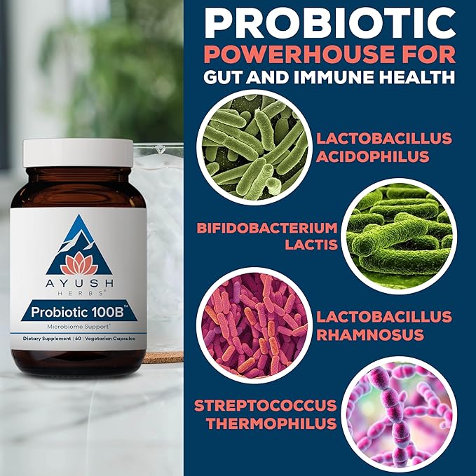 Ayush Herbs Probiotic 100B - Probiotics for Women, Probiotics for Men, Prebiotics and Probiotics for Digestive Health, Gas Relief, Gut Microbiome Balance - 60 Vegetarian Capsules (1 Count)