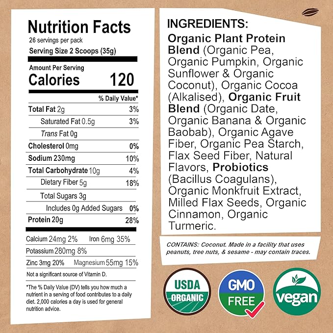 Organic Vegan Protein Powder - with Probiotics - Non GMO, Dairy Free, Non Whey, Plant Based Protein Powder for Women and Men, Gluten Free - 26 Servings 32 Oz (Chocolate)