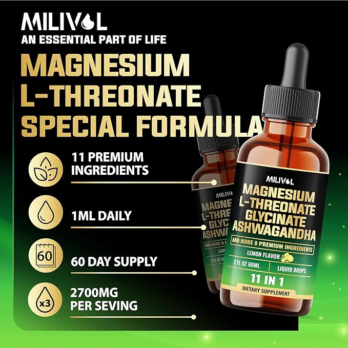 10in1 Magnesium L-Threonate Liquid Drops with Magnesium Glycinate, Ashwagandha, Vitamin D3, C, B6 & 4 Other Ingredients - 2 Fl Oz - Lemon Flavor