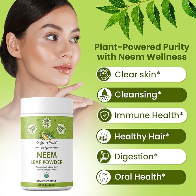 Organic Veda Neem Leaf Powder - Gentle Dried Organic Neem Leaves Powder - Herbal Supplement for Skin, Gut Cleanse & Immune Support - Non-GMO, Gluten-Free, Vegan – 4 oz