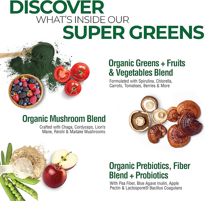 COUNTRY FARMS Super Greens Natural Flavor, 50 Organic Super Foods, USDA Organic Drink Mix, Fruits, Vegetables, Super Greens, Mushrooms & Probiotics, Supports Energy, 20 Servings, 10.6 Oz