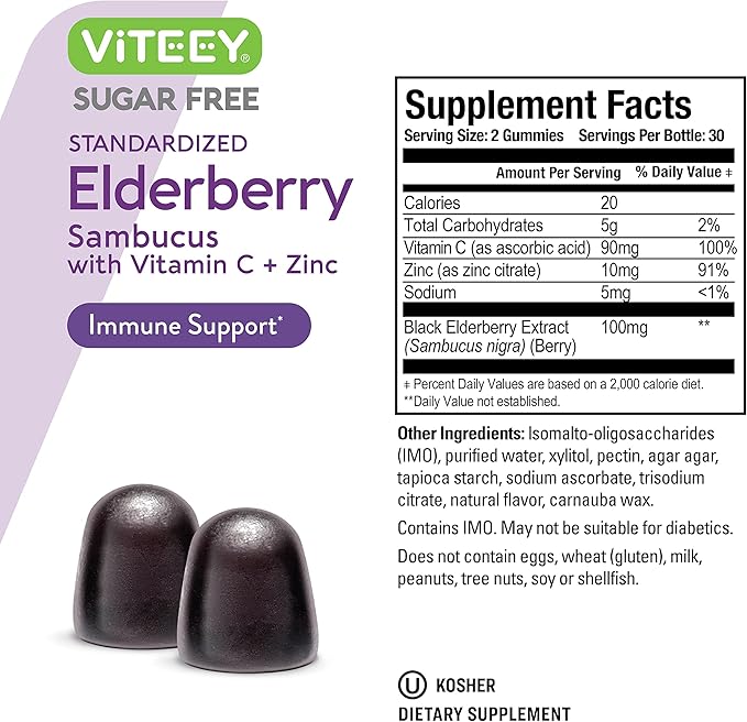 VITEEY Sambucus Elderberry Gummies for Adults & Teens + Zinc & Vitamin C - Sugar Free - Immune Support & Booster Herbal Supplement - Vegan, Gluten Free, Gelatin Free, GMO Free, Chewable Berry Flavored