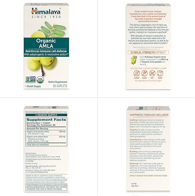 Himalaya Organic Amla/Amalaki for Active Immune Support and Cellular Defense, 600 mg, 60 Caplets, 2 Month Supply, 2 Pack