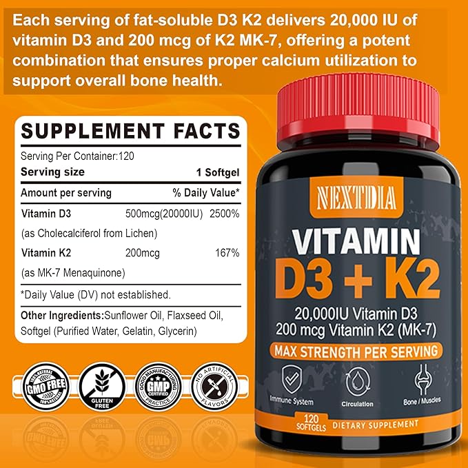 Vitamin D3 20,000 IU + Vitamin K2( MK7 )200mcg - Optimal Vitamin D3 & K2 Softgel - Strong Bones & Muscle, Calcium Absorption & Immune Support, Helping Vitamin D Deficiencies, Easy to Swallow, Non GMO