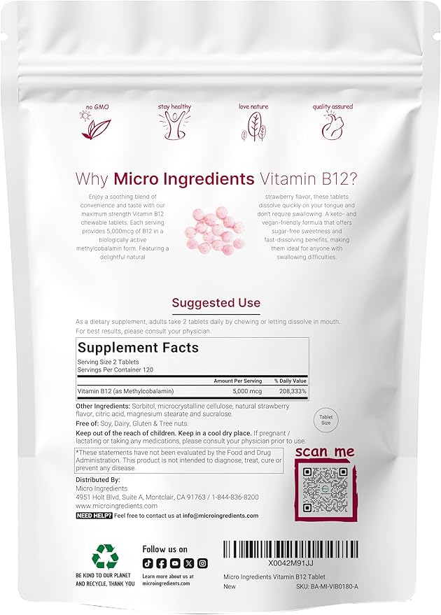 Micro Ingredients Vitamin B12 | Methyl B12 Active Form – 240 Chewable Tablets | Fast Dissolve, Natural Strawberry Flavor | Supports Energy & Metabolism Health | Vegan, Non-GMO, Gluten Free