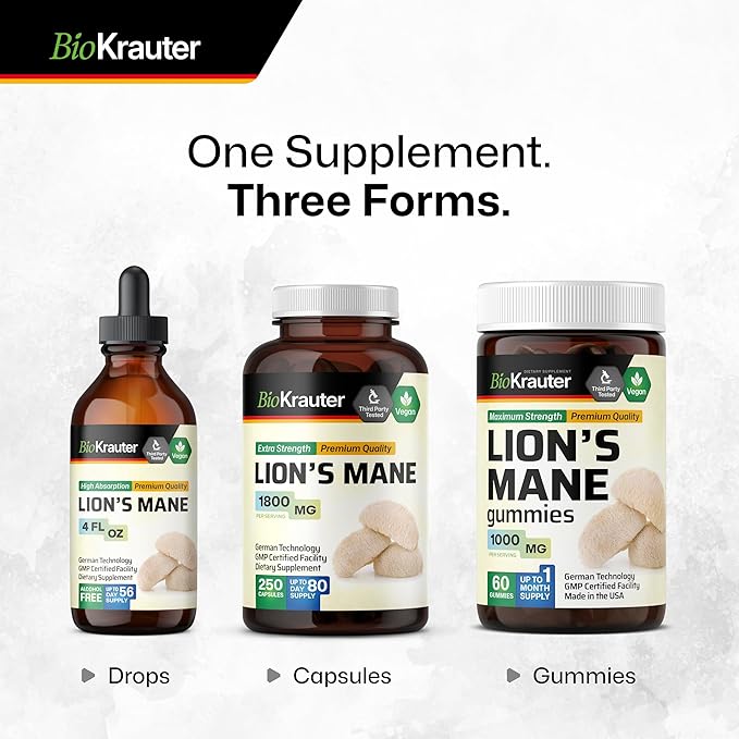BIO KRAUTER Lions Mane Liquid Extract - Mushroom Supplement for Brain Support - Vegan Lions Mane Supplement - Alcohol & Sugar Free Drops - 4 Fl.Oz.