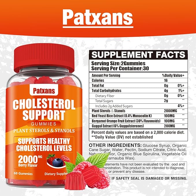 1 Pack Cholesterol Support Gummies, Containing 2000MG of Plant Sterols & Sterols, Cholesterol Complex Gummies, Support Healthy Cholesterol Levels, Energy Support, Mixed Berry Flavor, 60 Counts