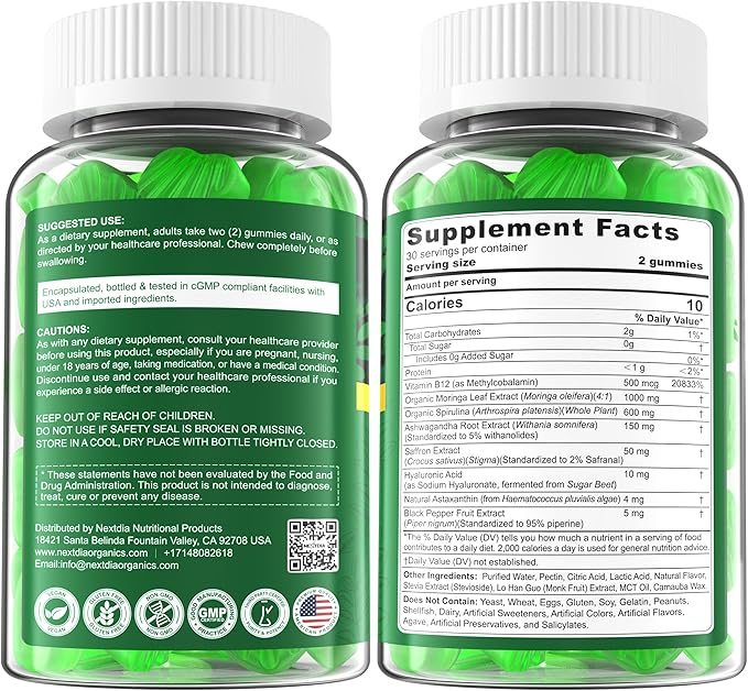 Organic Moringa Gummies 1000mg - Whole Food Green Superfood, Rich in Vegan Protein, Fiber, B-Complex, Potassium, Magnesium, Calcium - w/Spirulina, Saffron, Ashwagandha for Energy & Gut Health, 120Cts