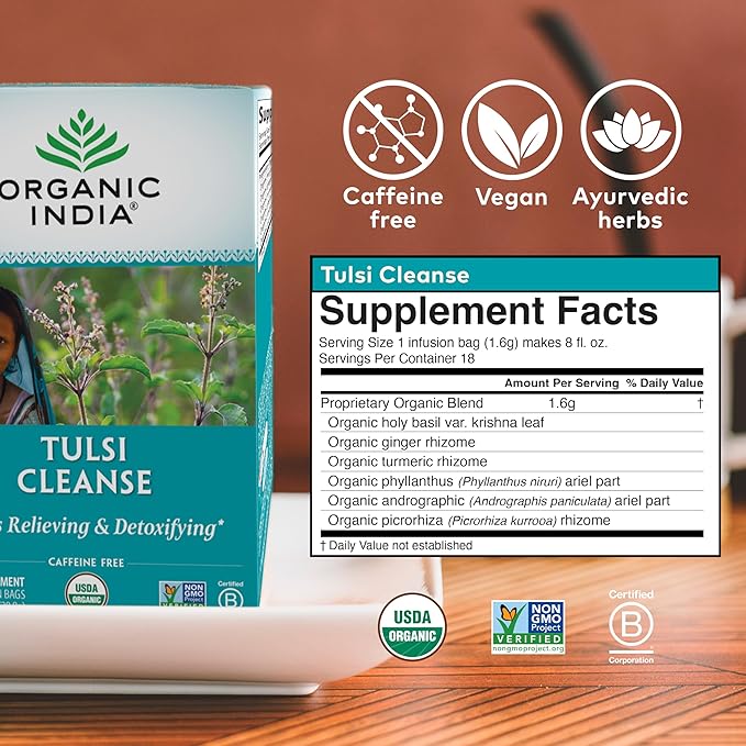 Organic India Tulsi Cleanse Herbal Tea - Holy Basil, Stress Relieving & Detoxifying, Immune Support, Adaptogen, Vegan, USDA Certified Organic, Non-GMO, Caffeine-Free - 18 Infusion Bags, 1 Pack