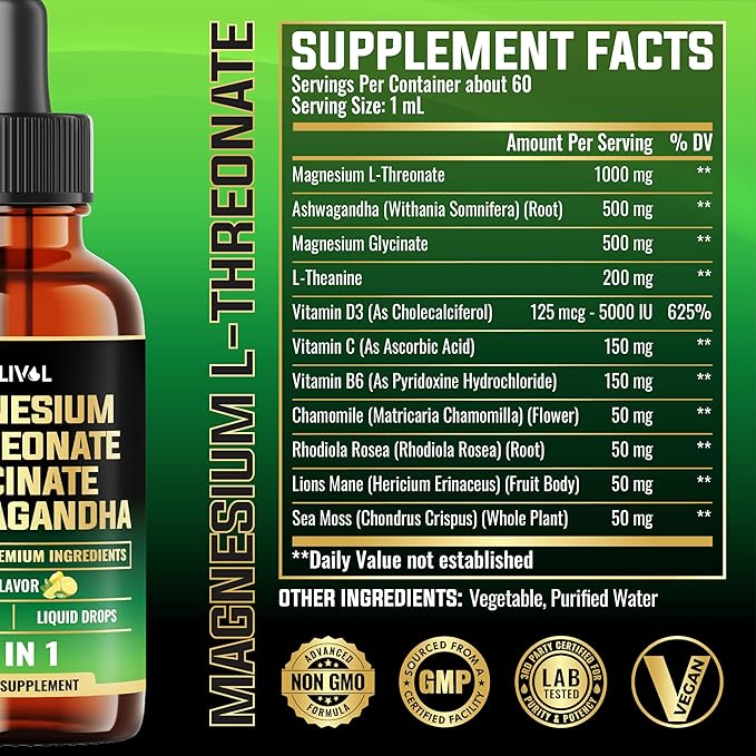10in1 Magnesium L-Threonate Liquid Drops with Magnesium Glycinate, Ashwagandha, Vitamin D3, C, B6 & 4 Other Ingredients - 2 Fl Oz - Lemon Flavor