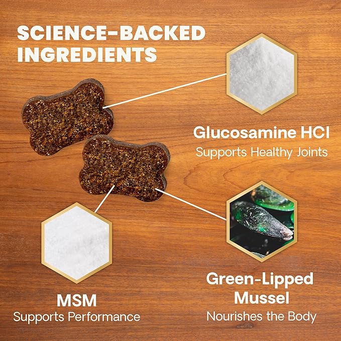 VETRISCIENCE Extra Strength Healthy Hip & Joint Chews, GlycoFlex Glucosamine and Green-Lipped Mussel Joint Support Supplement for Dogs, Promote Mobility & Soothe Joint Discomfort, Chicken, 60 Count