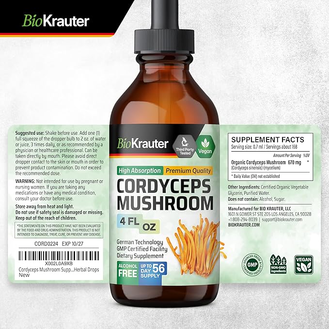 BIO KRAUTER Cordyceps Mushroom Extract - Cordyceps Sinensis Liquid Mushroom Extract - 670 mg per Serving - Vegan, Alcohol & Sugar Free - 4 Fl.Oz.