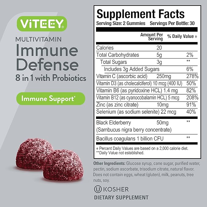 Viteey Multivitamin Gummies 8 in 1 Immune Support Supplement with Probiotics - Immune Boosters for Adults & Teens - Vegetarian, Gelatin Free, GMO Free - Chewable Berry Flavored Pectin Immune Defense