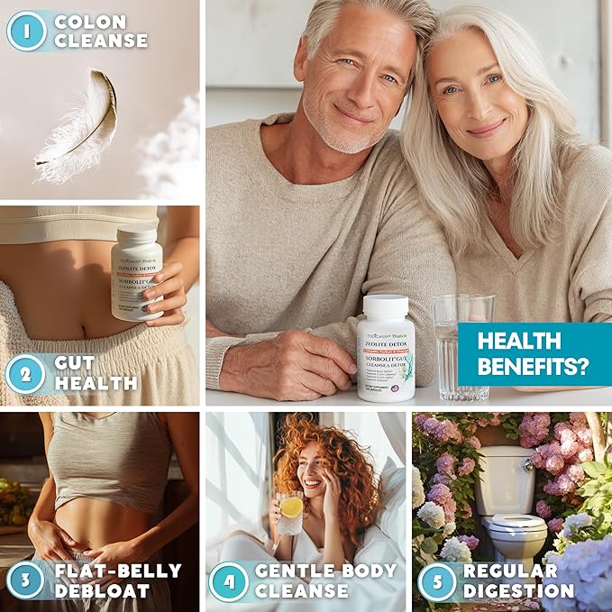 SORBOLIT Colon Cleanse Formula - Zeolite Detox, Chlorella, Activated Charcoal & Psyllium Husk Fiber Debloat Formula for Gut Health, Gut Cleanse, Colon Detox & Digestive Balance – 120 Vegan Capsules