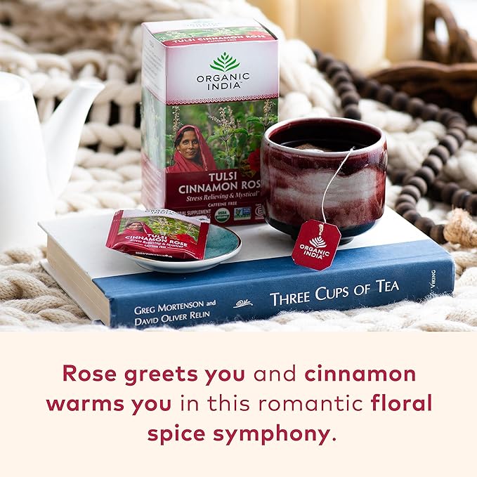 Organic India Tulsi Cinnamon Rose Herbal Tea - Stress Relieving & Mystical, Immune Support, Gluten-Free, USDA Certified Organic, Supports Sugar Metabolism, Caffeine-Free - 18 Infusion Bags, 1 Pack