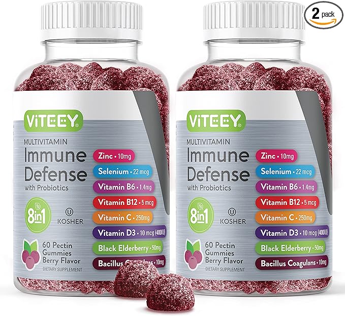 Viteey Multivitamin Gummies 8 in 1 Immune Support Supplement with Probiotics - Immune Boosters for Adults & Teens - Vegetarian, Gelatin Free, GMO Free - Chewable Berry Flavored Pectin Immune Defense
