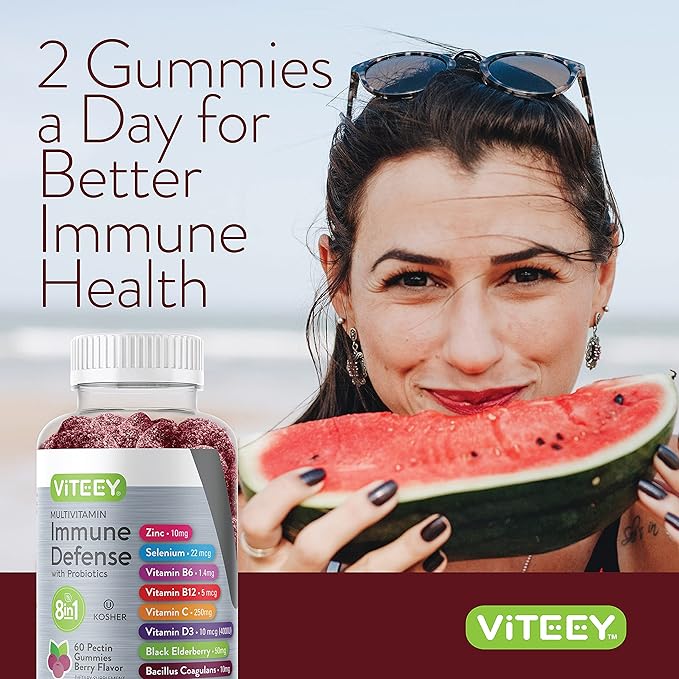 Viteey Multivitamin Gummies 8 in 1 Immune Support Supplement with Probiotics - Immune Boosters for Adults & Teens - Vegetarian, Gelatin Free, GMO Free - Chewable Berry Flavored Pectin Immune Defense