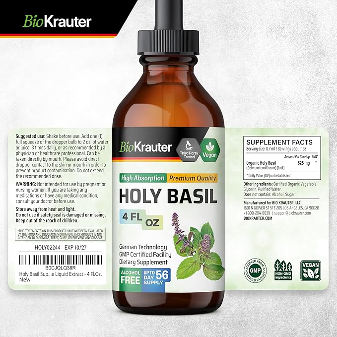 BIO KRAUTER Holy Basil Tincture - Tulsi Powder Liquid Extract - Supports Calmness and Relaxation - Ursolic Acid Supplement - Alcohol and Sugar Free Holy Basil Extract - Vegan Drops 4 Fl.Oz.