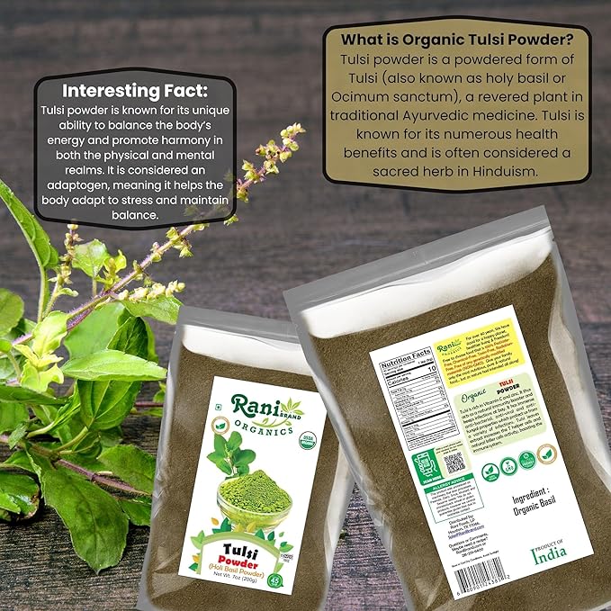 Rani Organic Tulsi Powder (Holi Basil Powder) 7oz (200g) ~ All Natural | No Color | Gluten Friendly | Vegan | NON-GMO | Kosher | No Salt or fillers | Indian Origin | USDA Organic Certified