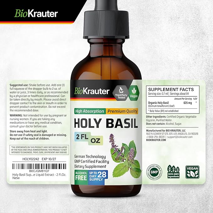 BIO KRAUTER Holy Basil Tincture - Tulsi Powder Liquid Extract - Supports Calmness and Relaxation - Ursolic Acid Supplement - Alcohol and Sugar Free - Vegan Drops 2 Fl.Oz.
