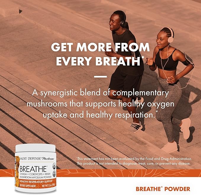 Host Defense Breathe* Powder - Immune & Respiratory Support Mushroom Supplement - Herbal Lung Health Support Supplement with Chaga, Reishi & Cordyceps - 3.5 oz (66 Servings)*