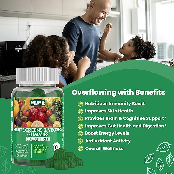Sugar-Free Fruit and Veggie Gummies — 35+ Greens, Fruit and Vegetable Vitamins to Boost Immunity, Skin & Gut Health — Ideal Fruity Vegetable Supplement for Adults & Kids (60 Gummies)