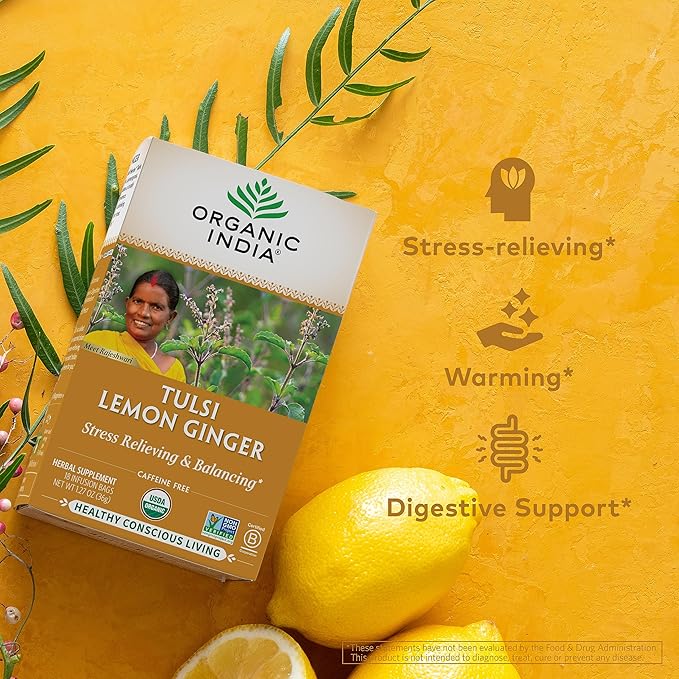 ORGANIC INDIA Tulsi Lemon Ginger Tea Bags - Herbal Tea, Stress Relieving & Reviving, Immune Support, Aids Digestion, Vegan, USDA Certified Organic, Non-GMO, Caffeine-Free - 18 Infusion Bags, 1 Pack