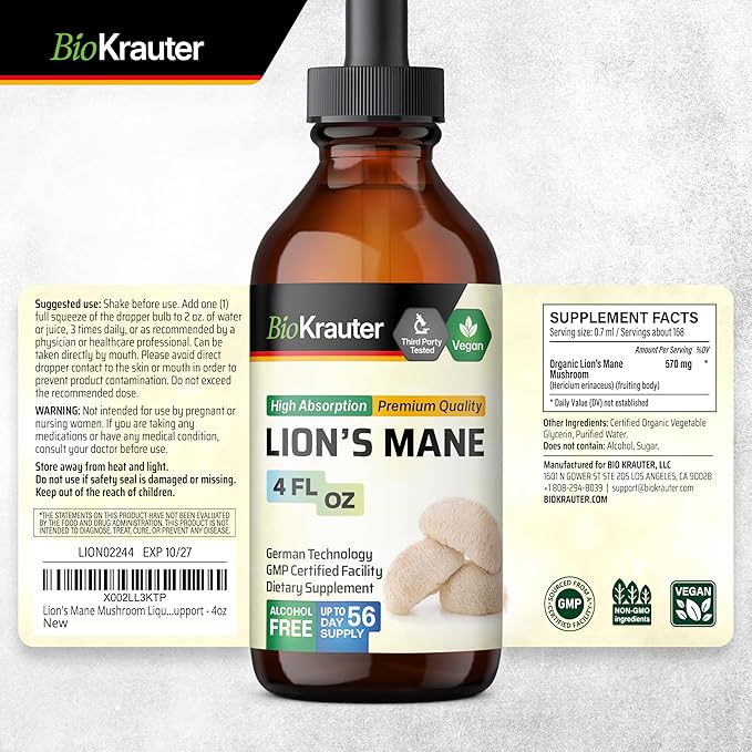 BIO KRAUTER Lions Mane Liquid Extract - Mushroom Supplement for Brain Support - Vegan Lions Mane Supplement - Alcohol & Sugar Free Drops - 4 Fl.Oz.