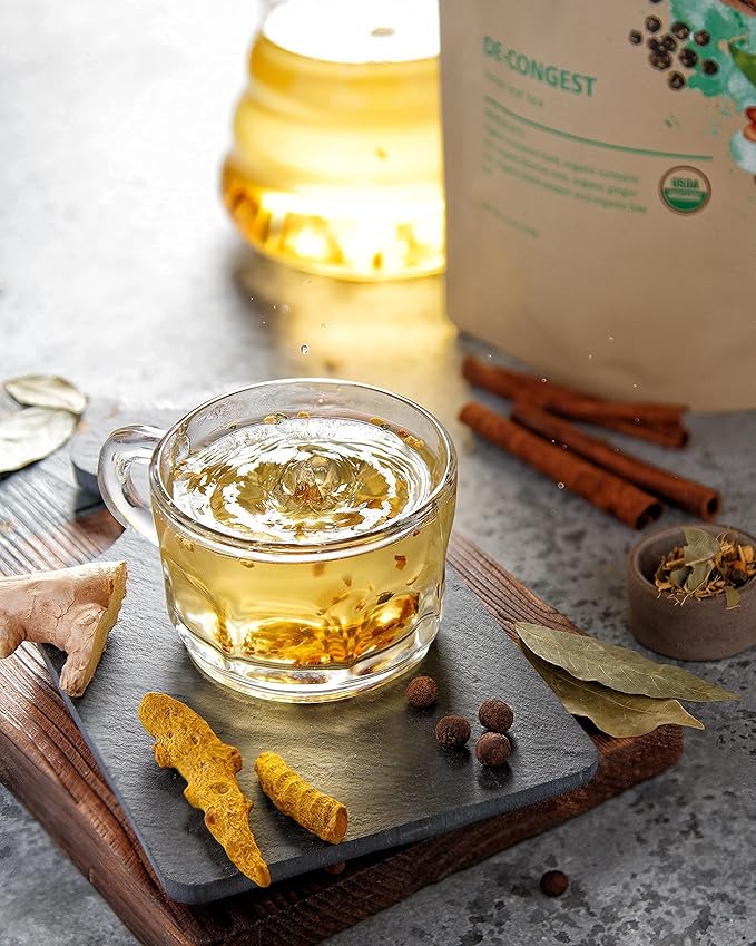 Gardenika Organic Decongest Loose Leaf Tea, Herbal, Caffeine-Free, KSA Kosher, Ayurvedic Blend with Turmeric, Cinnamon, Liquorice, Ginger Root – 4oz (1 Pack)