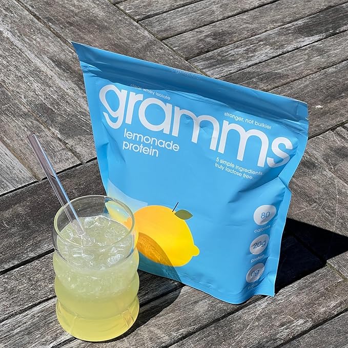 GRAMMS Clear Protein Powder, Lemonade | 20g Protein Grass-Fed Whey Isolate, Zero Sugar, Zero Lactose, Non-Bloating, Non-GMO, Protein for Women (18 Servings)