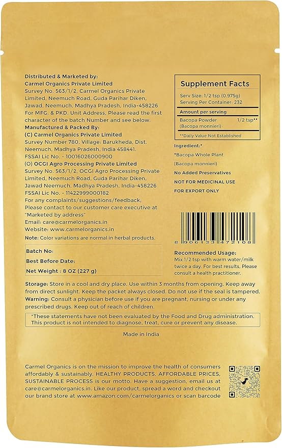 CARMEL ORGANICS Bacopa Monnieri/Brahmi Powder | 8 Ounce or 0.5 Lb/ 227 Grams(Pack of 1) | Natural and Pure Bacopa Powder Non-GMO | No Added Preservative