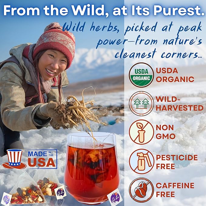 Dr. Lu’s Organic Ginseng Five Treasures Tea Kidney Tea | Ginseng Six Treasures tea for Kidney Cleanse Detox & Repair with Maca Root in Corn Fiber Pyramid Bags (No Plastic/Nylon) | Made in US