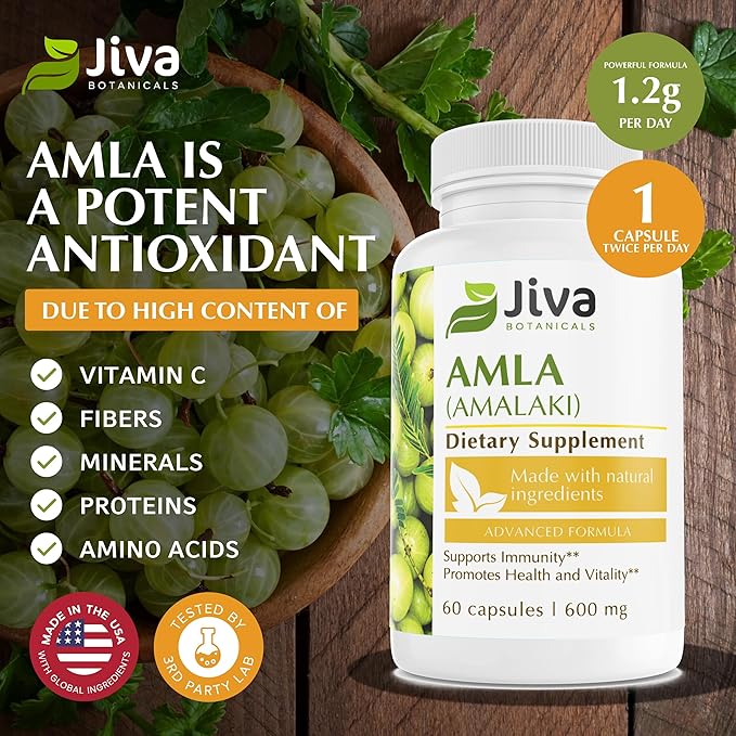 Jiva Botanicals Amla Capsules (Amalaki) - 60 Vegan Capsules - Amla Powder - Indian Gooseberry Supplement for Vitality