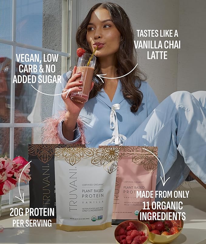 Truvani Vegan Pea Protein Powder | Vanilla Chai | 20g Organic Plant Based Protein | 20 Servings | Keto | Gluten & Dairy Free | Low Carb | No Added Sugar