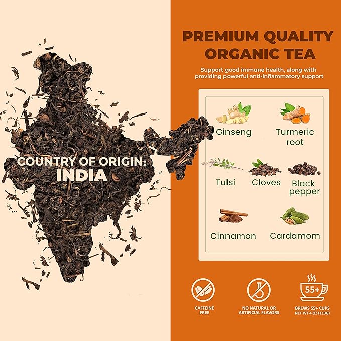 Organic Turmeric Ginger Tulsi Chai Tea | Loose Leaf | Ayurvedic Superfood Blend | Herbal and Caffeine-Free | 55+ Cups | KSA Kosher | 4 oz