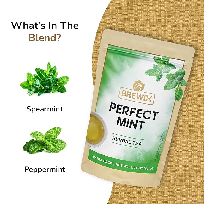 BREWIX, Moroccan Mint Tea (20 Pyramid Tea Bags) | Soothes Your Belly | Calming, Fresh and Cool | Caffeine Free Herbal Tea | No Sugar & No Caffeine