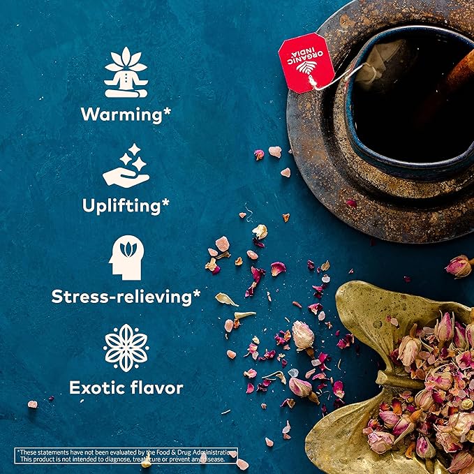 Organic India Tulsi Cinnamon Rose Herbal Tea - Stress Relieving & Mystical, Immune Support, Gluten-Free, USDA Certified Organic, Supports Sugar Metabolism, Caffeine-Free - 18 Infusion Bags, 1 Pack