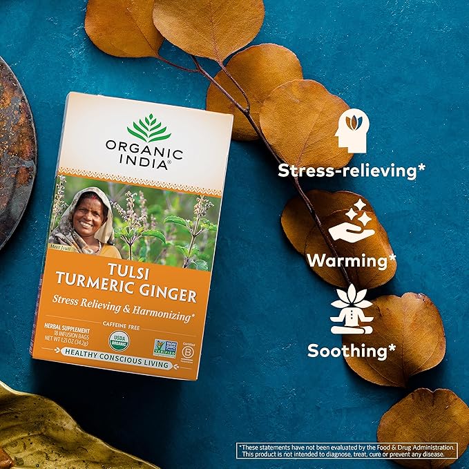 ORGANIC INDIA Tulsi Turmeric Ginger Tea Bags- Herbal Tea, Ginger Turmeric Tea, Immune Support, Aids Digestion, Caffeine-Free- 18 Infusion Bags, 1 Pack