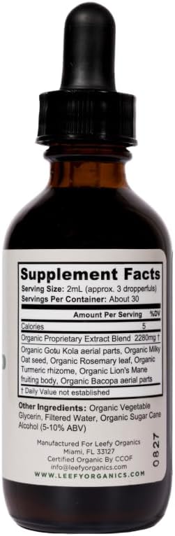 Leefy Organics IQ - Lions Mane Extract Liquid Nootropic Supplement with Bacopa and More - Mushroom Extract - Supports Memory, Focus, Clarity and Cognitive Health - 2 fl oz Dropper Bottle