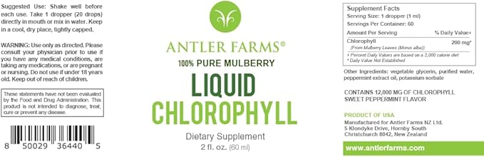 Antler Farms – 100% Natural 12,000 mg Liquid Chlorophyll Drops, Concentrated Extract 2-8X Stronger, 60 Servings, 2 oz - Immune Support, Energy Booster, Detox, Fresh Mint Flavor