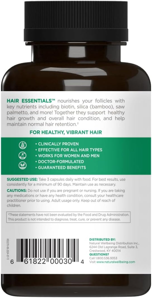 Natural Wellbeing Hair Essentials - Supports Healthy Hair with Saw Palmetto (for DHT), Biotin, Bamboo Silica - Natural Supplement for Women and Men. 270 Veg Caps (3-Month Supply)